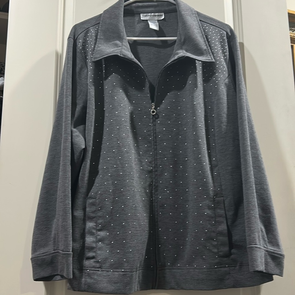 Cathy Daniels ZipUp jacket Silver Studded appliqué side pockets size 3X grey